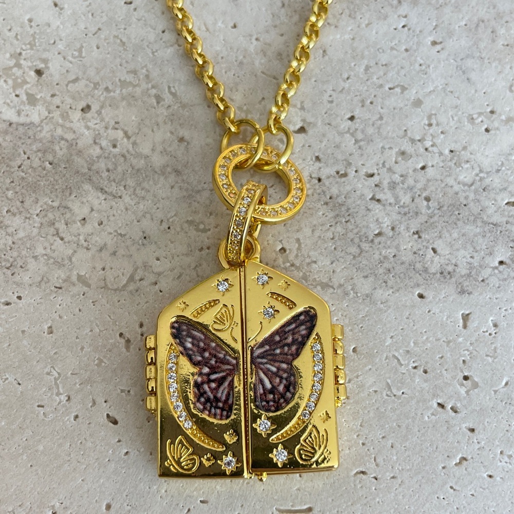 Anthropologie Gold Butterfly Locket Necklace with Purple Accent